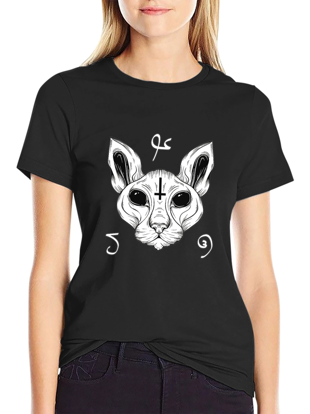 Occult Cat Inverted Cross T-Shirt - Black