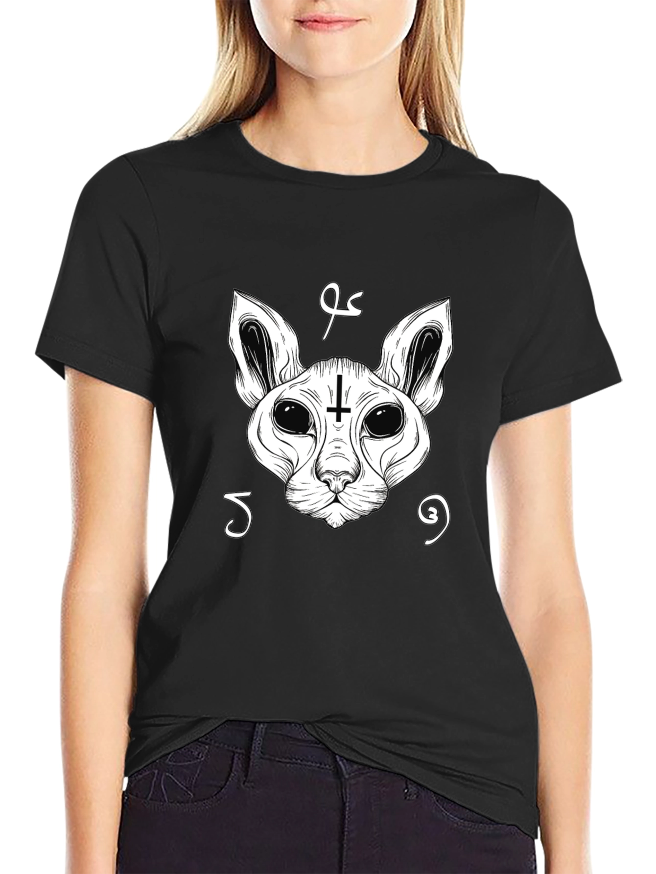 Occult Cat Inverted Cross T-Shirt - Black