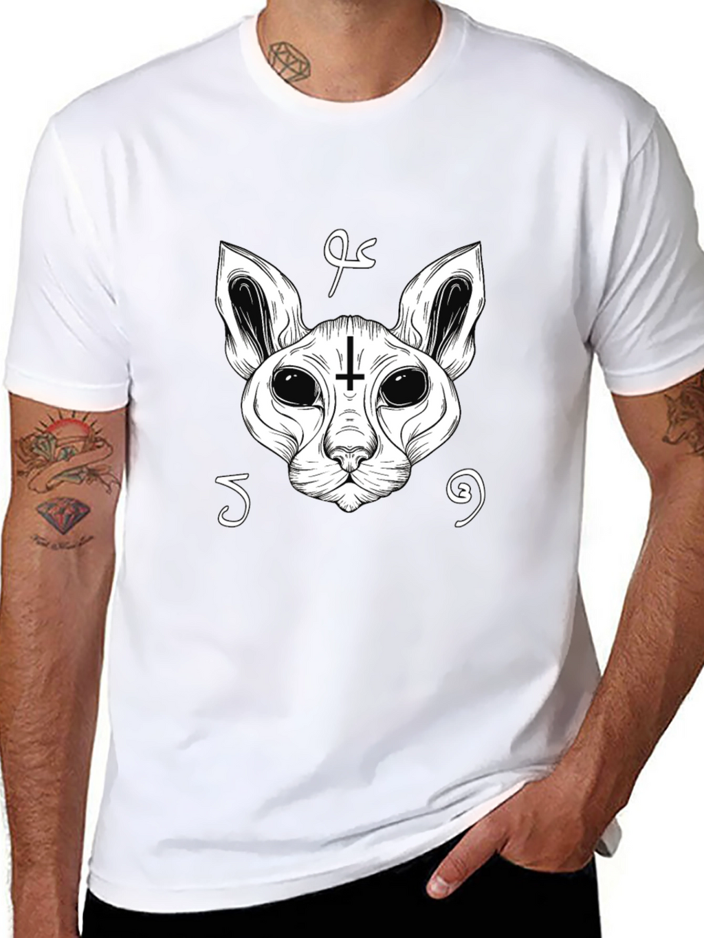 Occult Cat Inverted Cross T-Shirt - Black