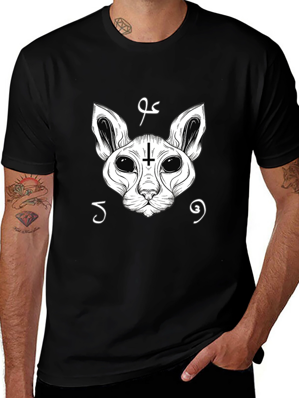 Occult Cat Inverted Cross T-Shirt - Black