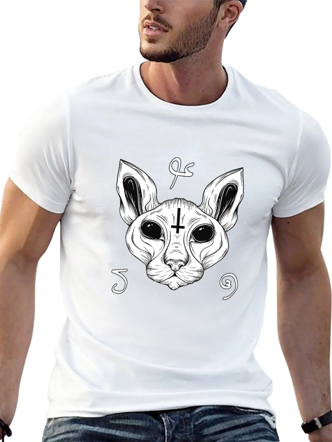 Occult Cat Inverted Cross T-Shirt - Black