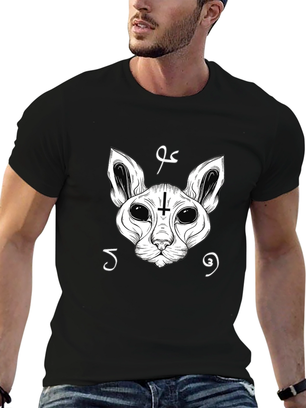 Occult Cat Inverted Cross T-Shirt - Black