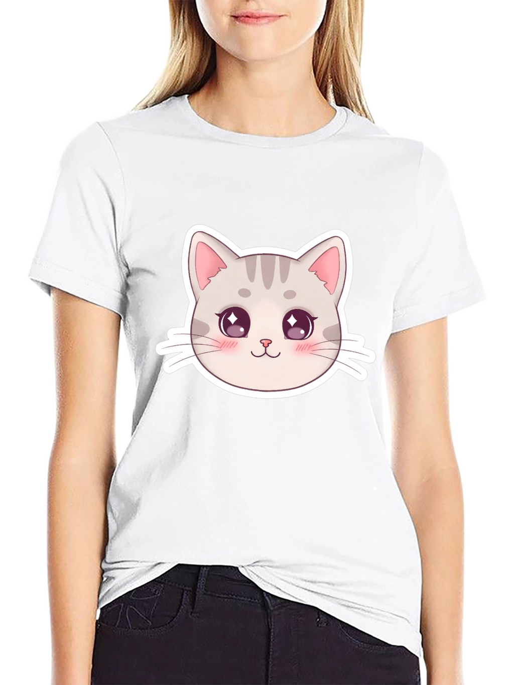 Cute Cat Face Graphic Black T-Shirt