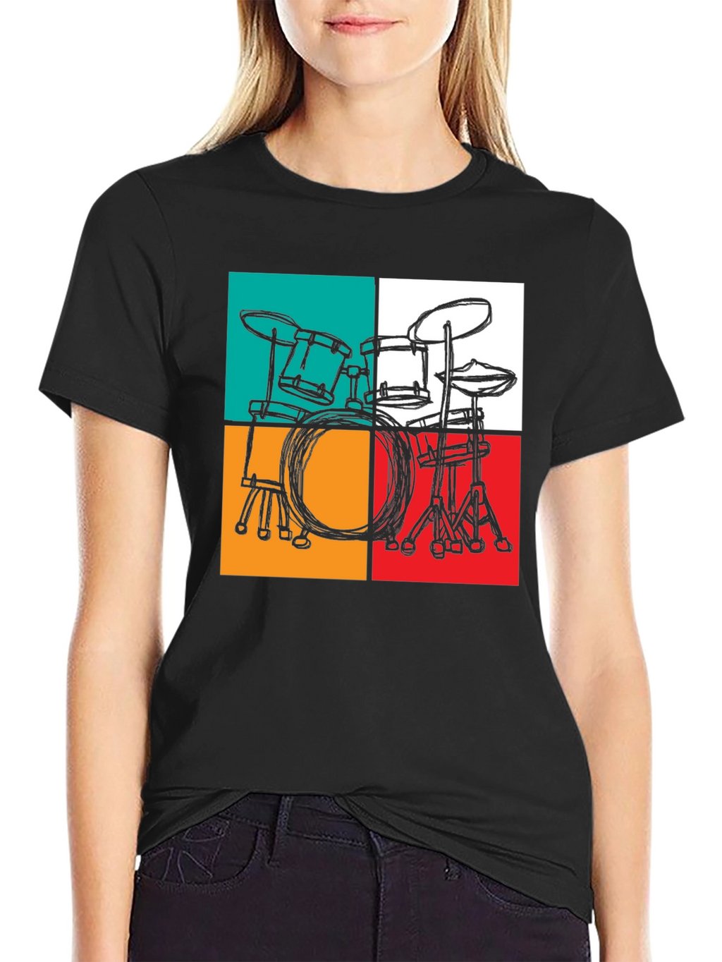 Retro Drum Set Graphic T-Shirt - Black