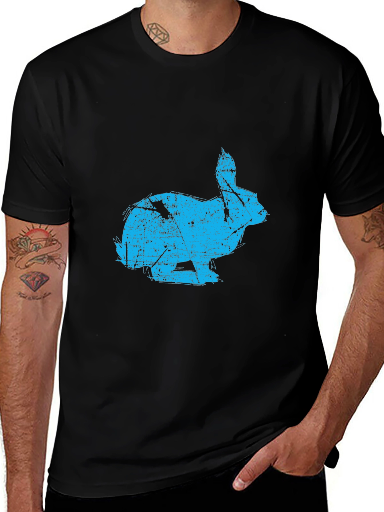 Distressed Rabbit Graphic Black T-Shirt
