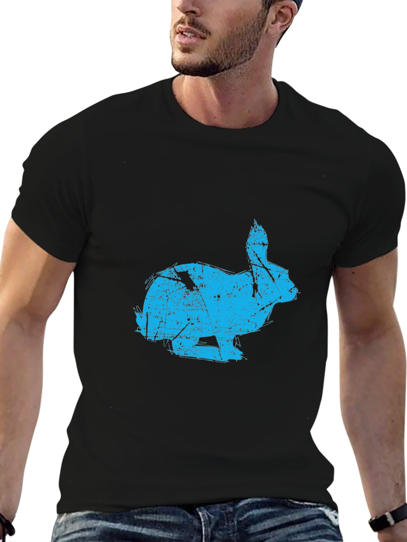 Distressed Rabbit Graphic Black T-Shirt