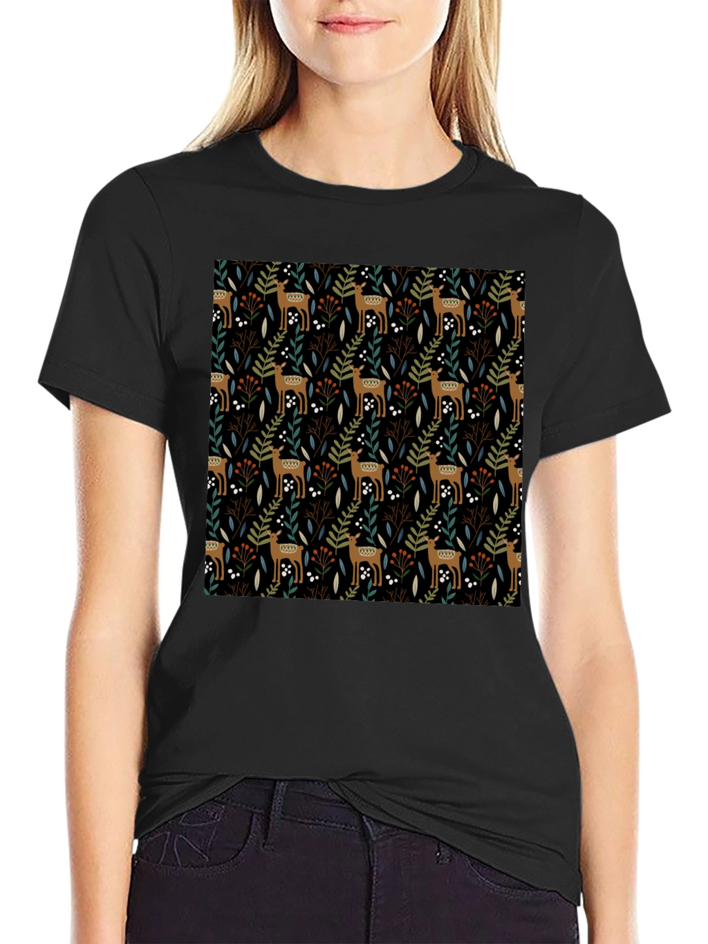 Deer & Foliage Print Black T-Shirt