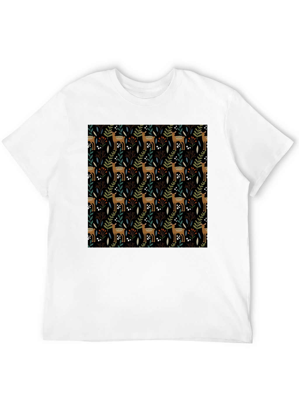 Deer & Foliage Print Black T-Shirt
