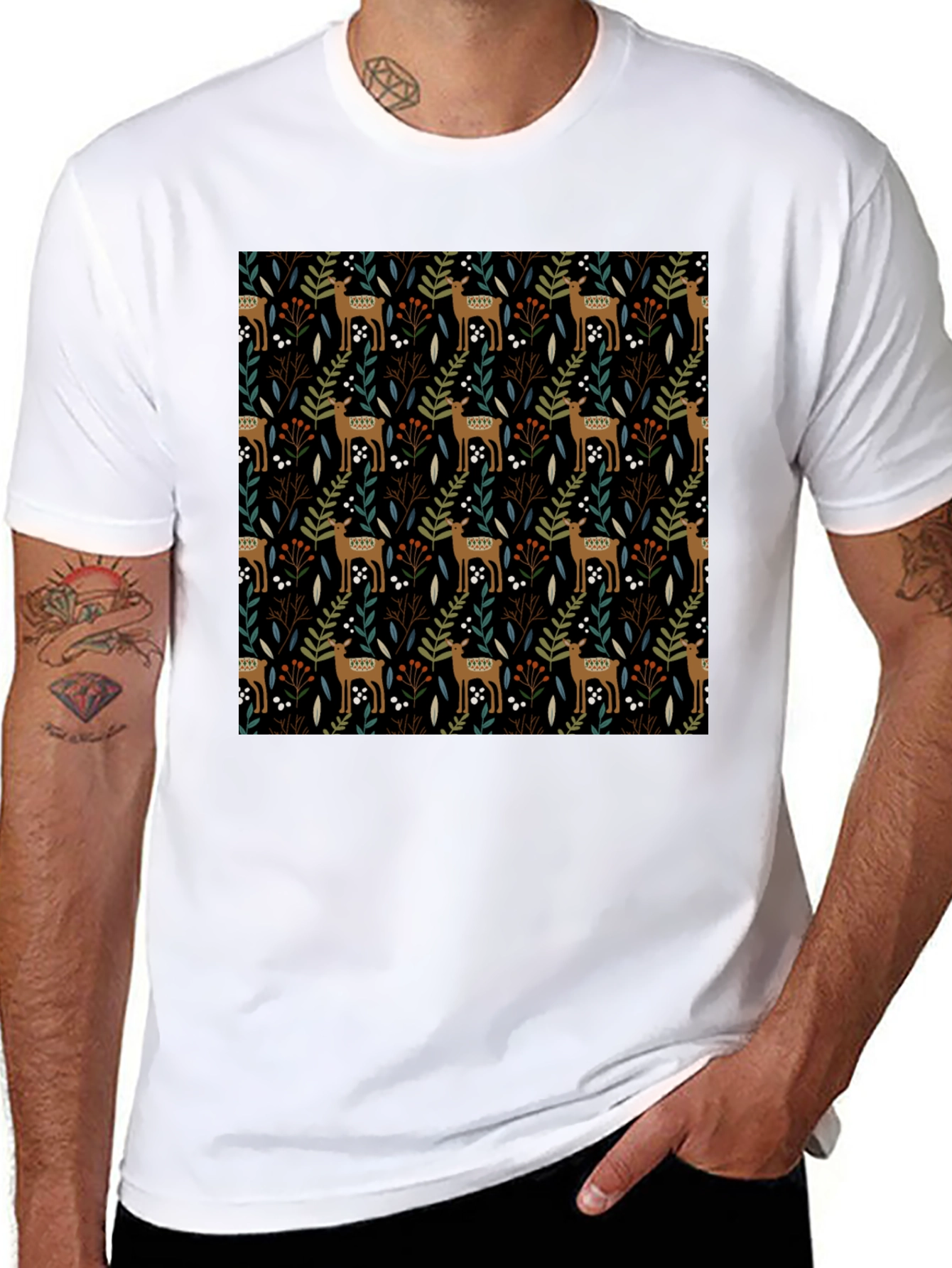 Deer & Foliage Print Black T-Shirt