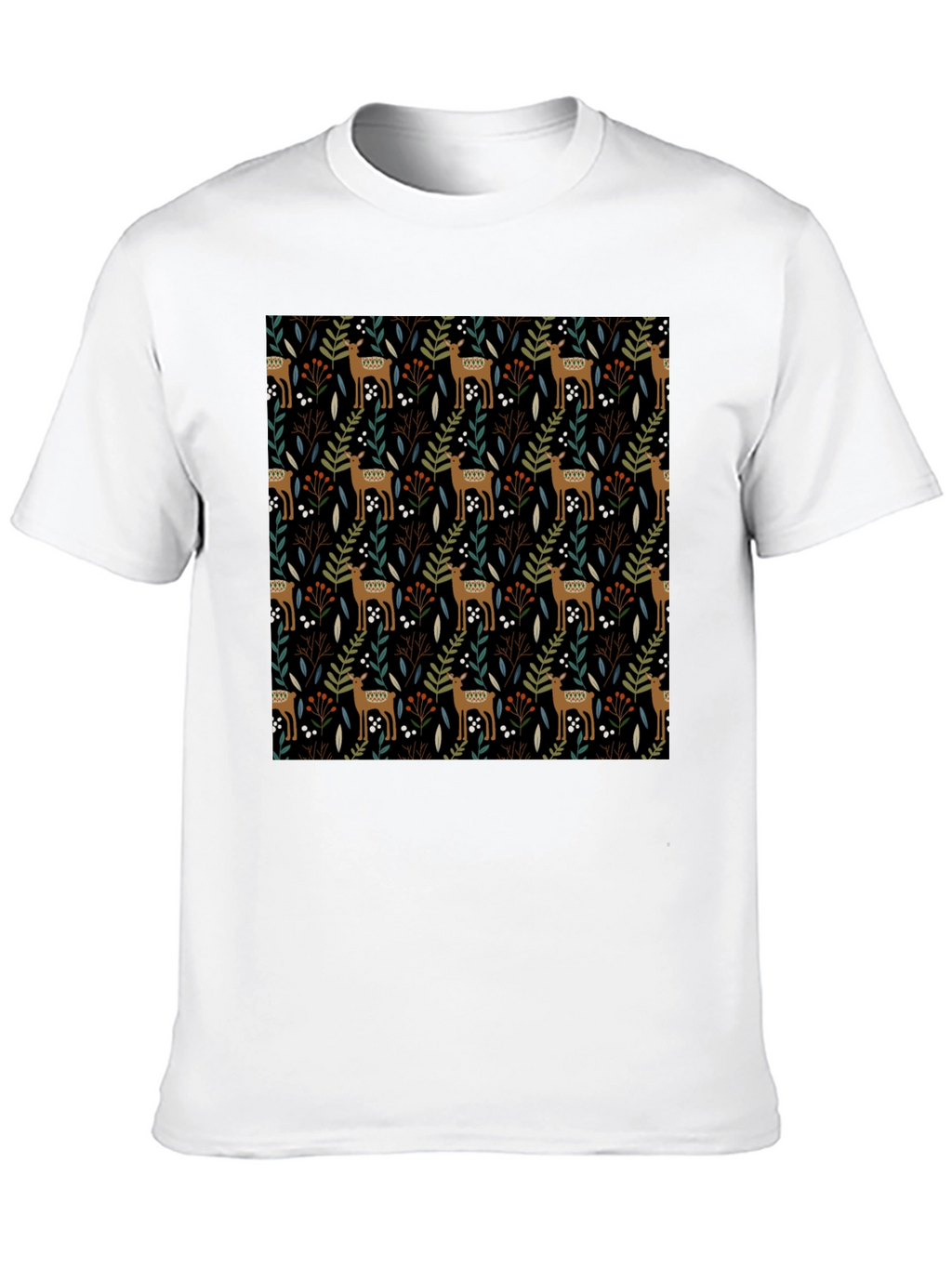 Deer & Foliage Print Black T-Shirt