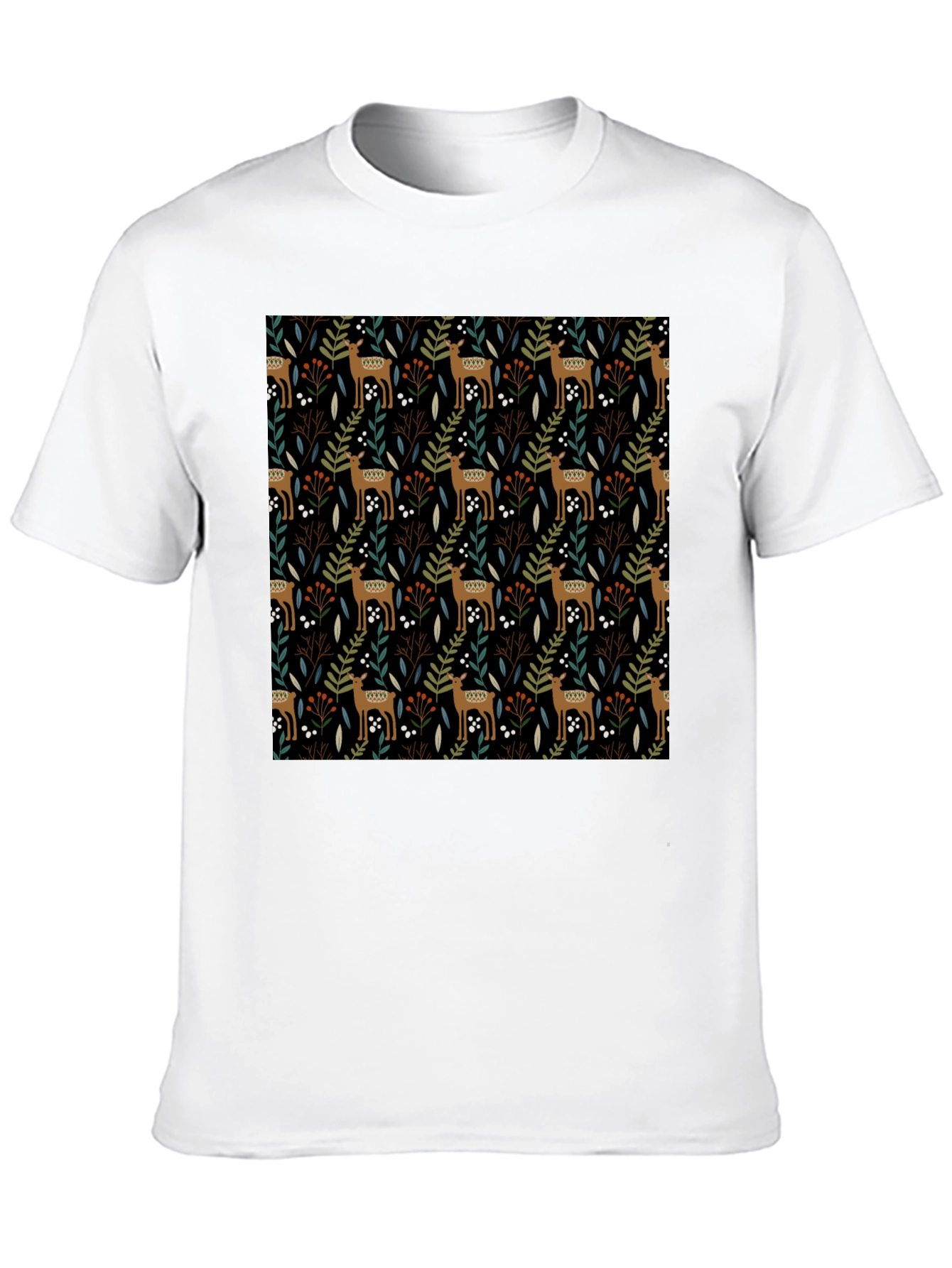 Deer & Foliage Print Black T-Shirt