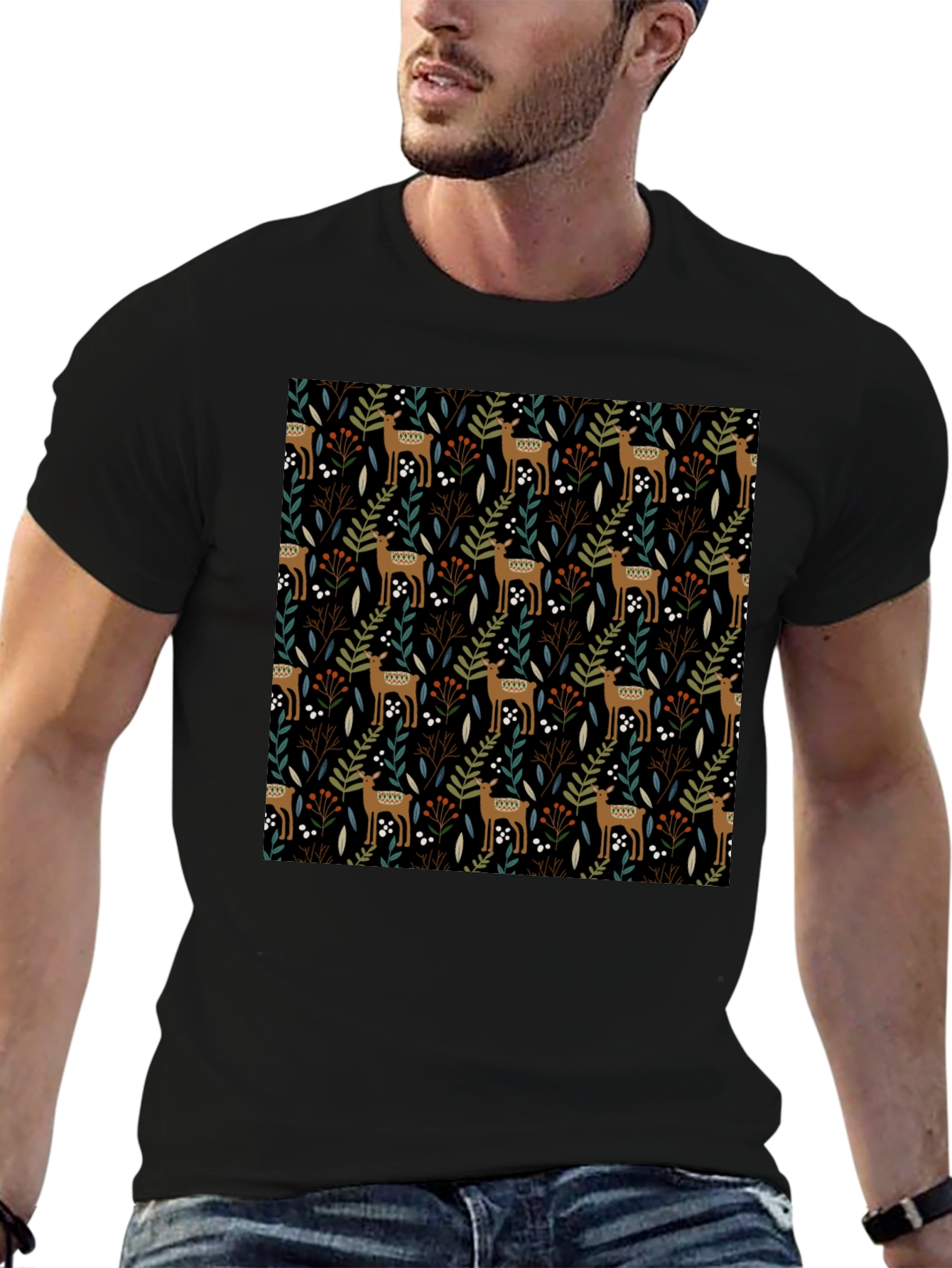 Deer & Foliage Print Black T-Shirt
