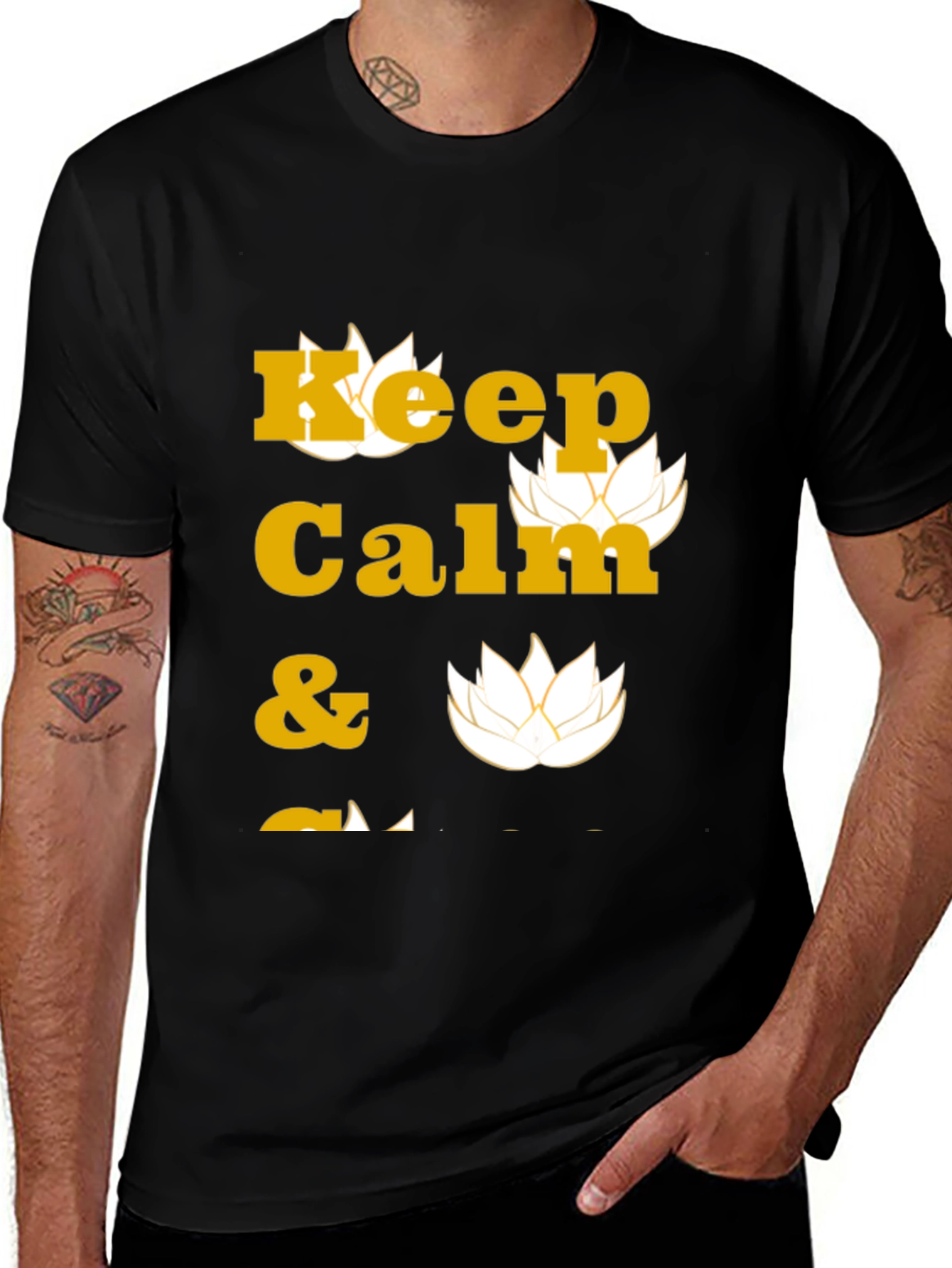 Keep Calm Black T-Shirt with Lotus Design
