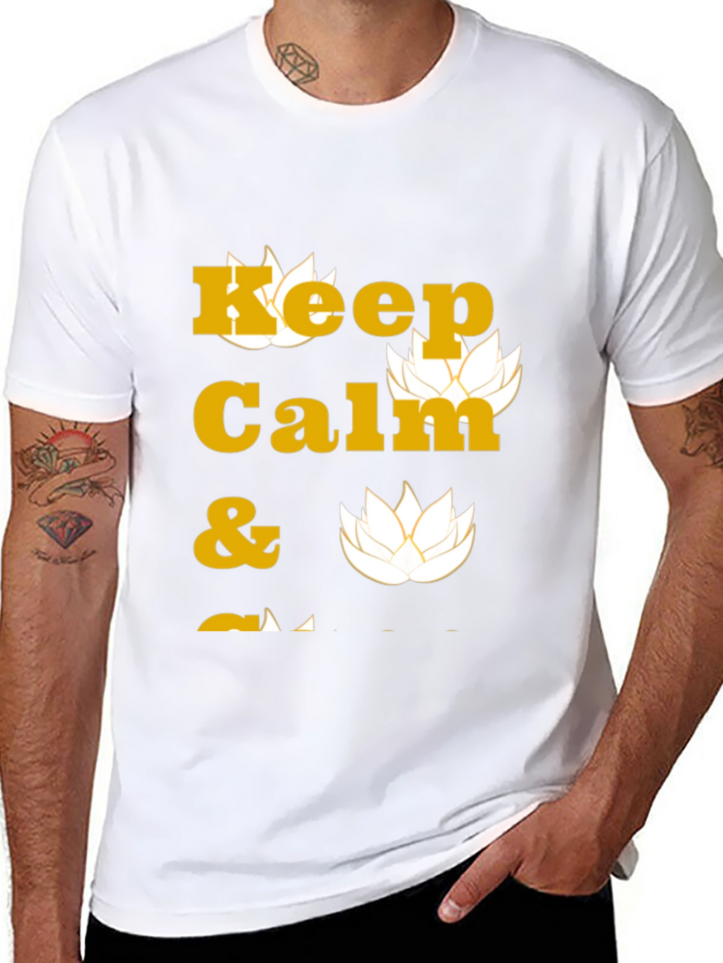 Keep Calm Black T-Shirt with Lotus Design