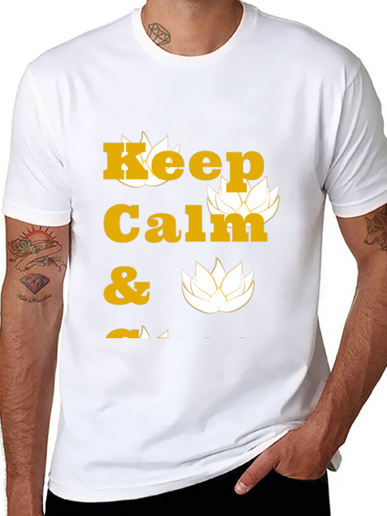 Keep Calm Black T-Shirt with Lotus Design