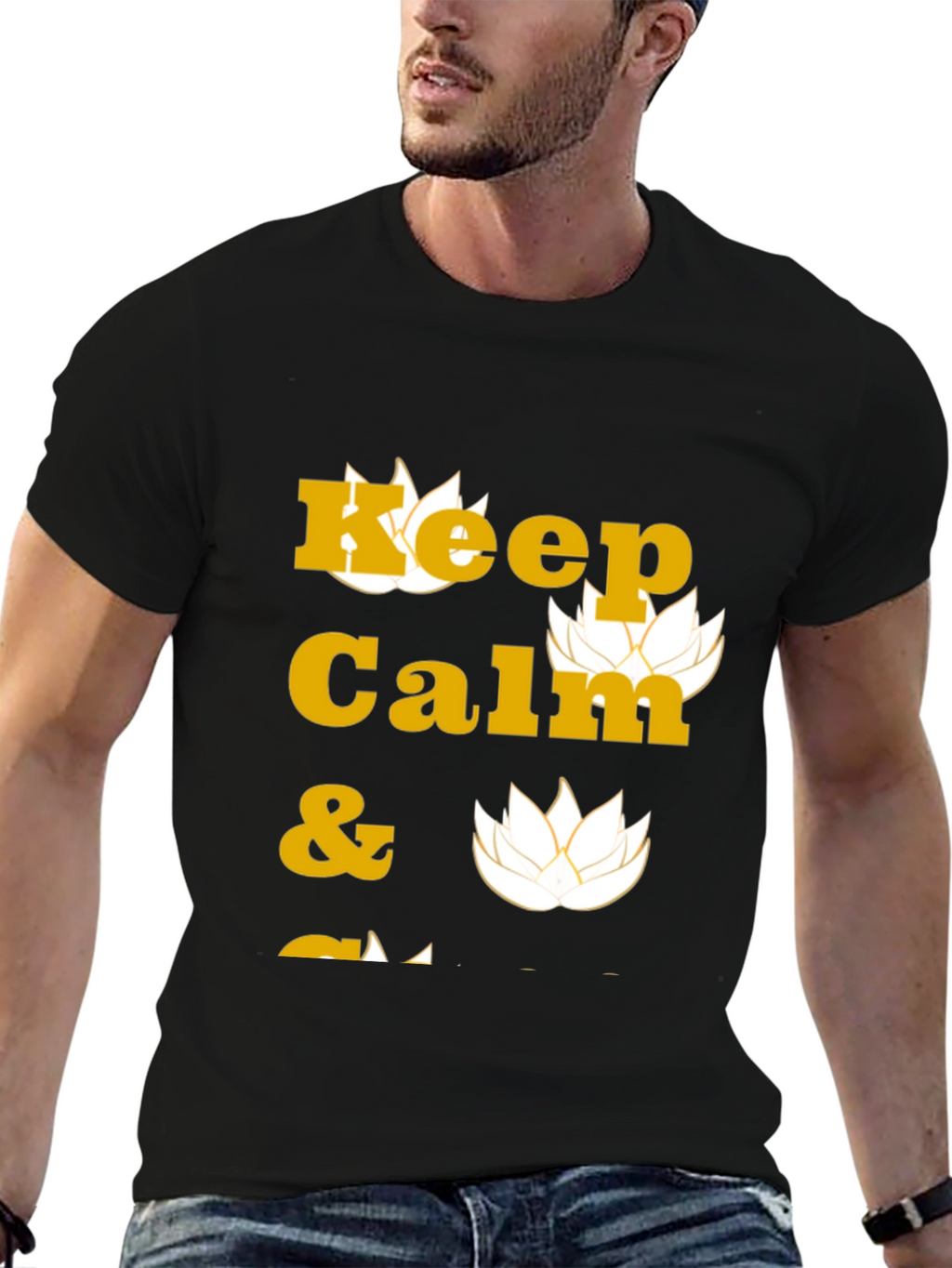 Keep Calm Black T-Shirt with Lotus Design