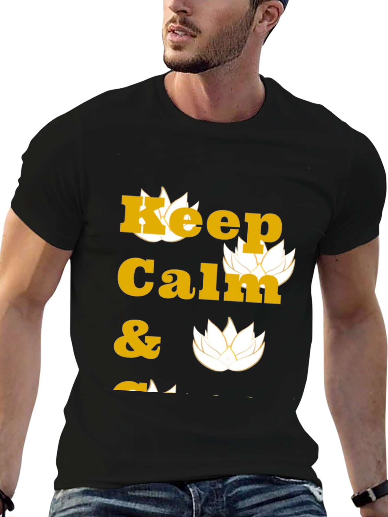 Keep Calm Black T-Shirt with Lotus Design