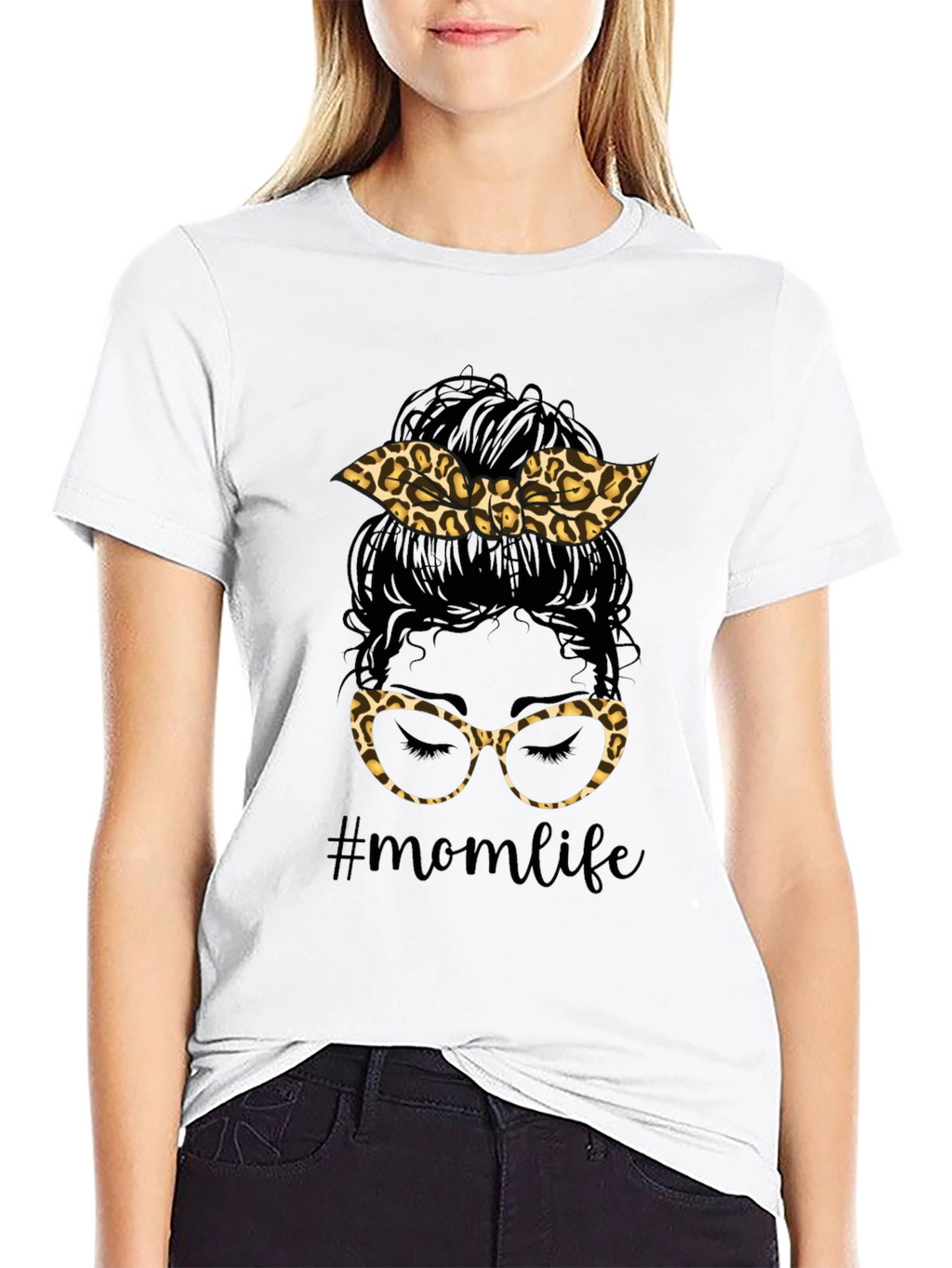Mom Life Messy Bun Leopard Print T-Shirt