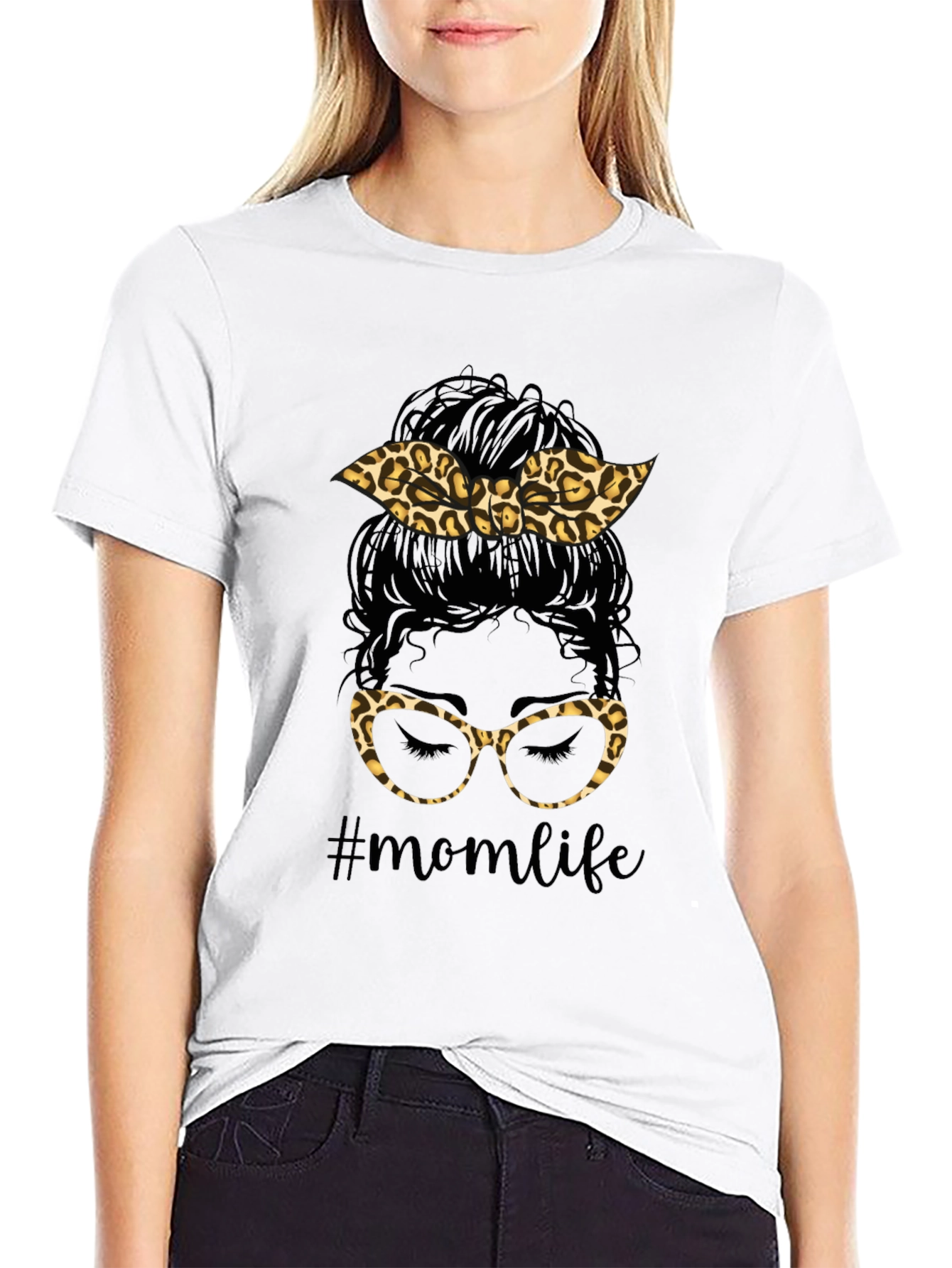 Mom Life Messy Bun Leopard Print T-Shirt
