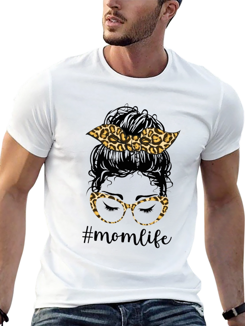 Mom Life Messy Bun Leopard Print T-Shirt