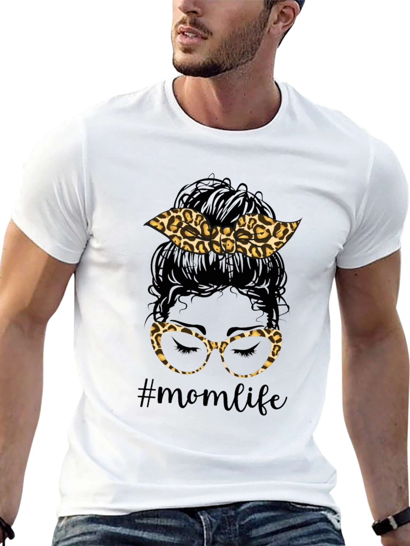 Mom Life Messy Bun Leopard Print T-Shirt