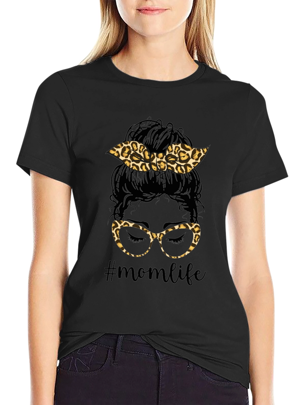 Mom Life Messy Bun Leopard Print T-Shirt