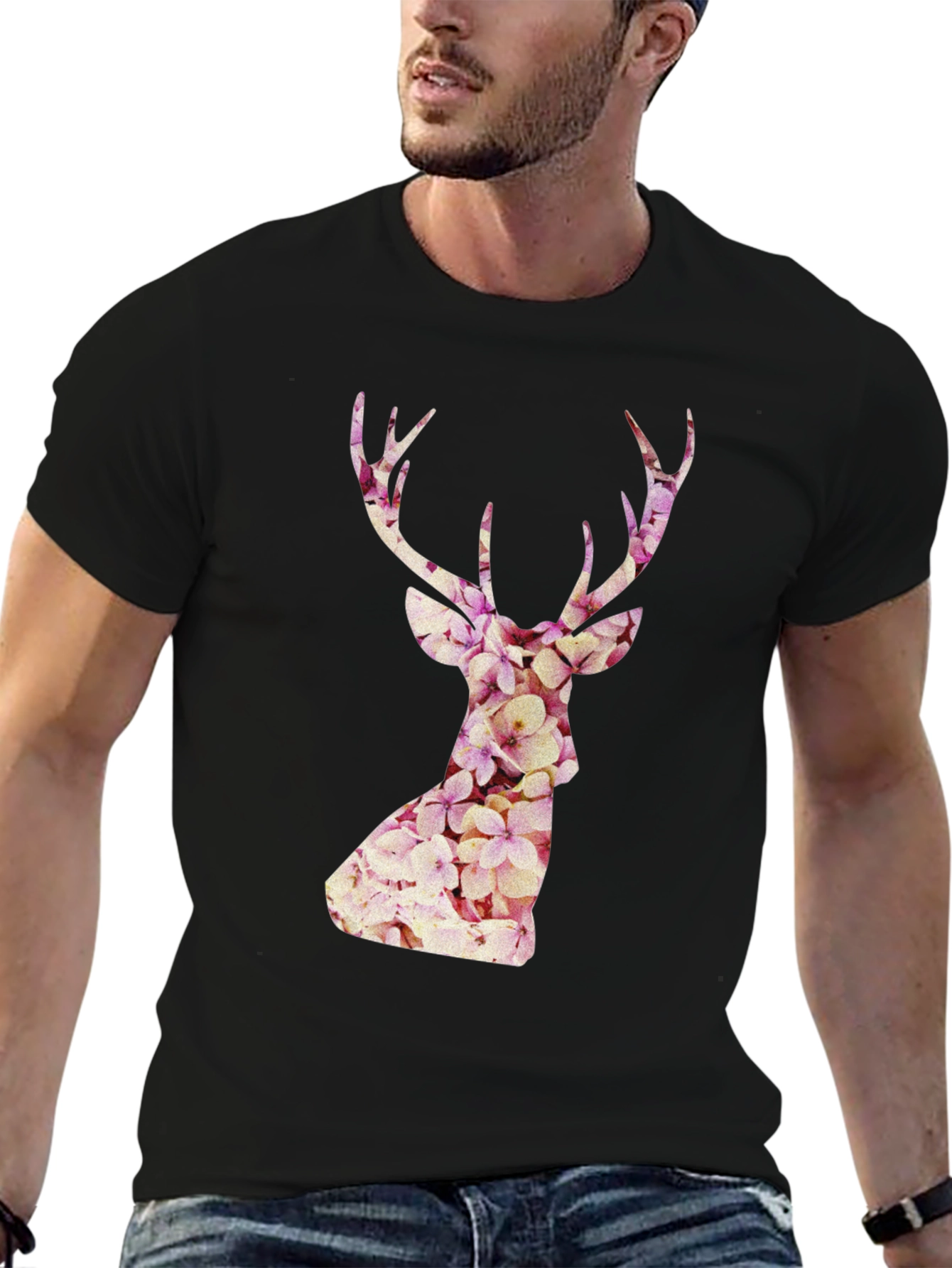 Floral Deer Head Graphic Tee - Trendy Mens Black T-Shirt