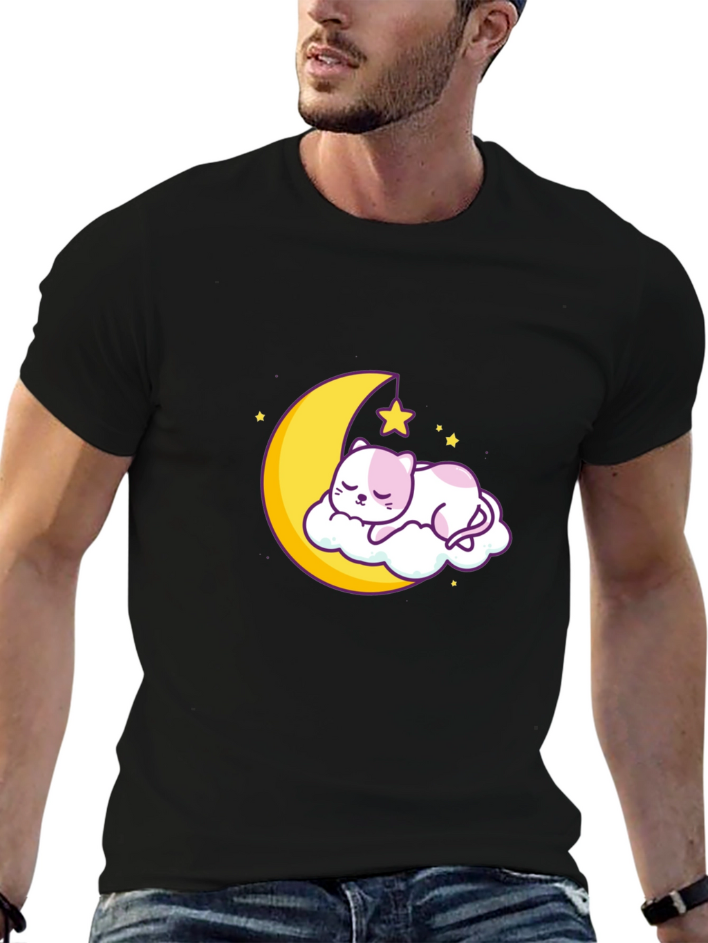 Cute Moon Cat Graphic Tee - Black Cotton T-Shirt