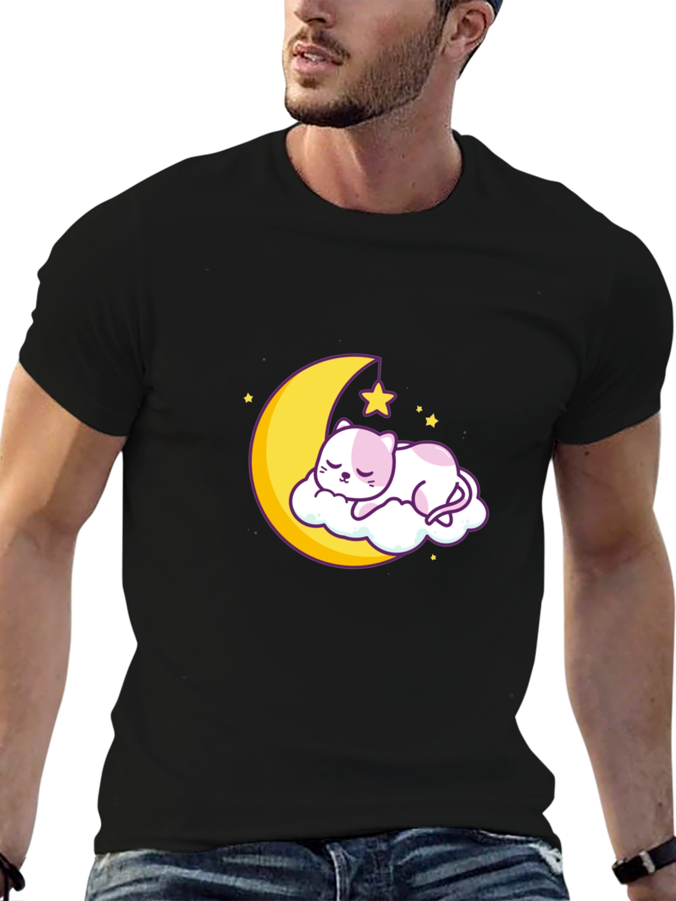 Cute Moon Cat Graphic Tee - Black Cotton T-Shirt