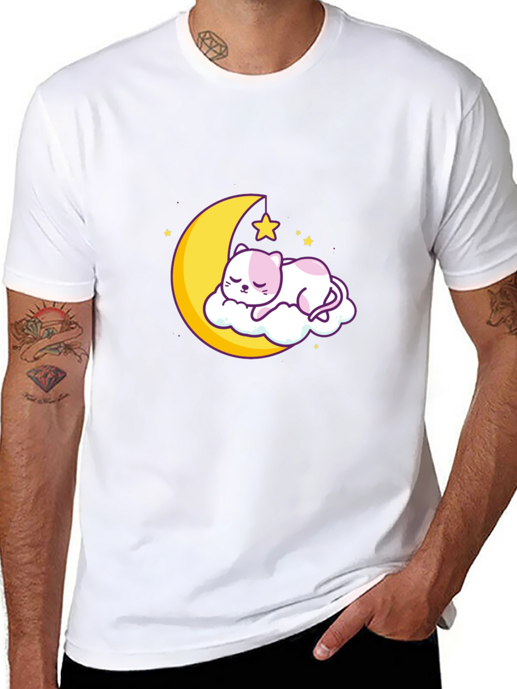 Cute Moon Cat Graphic Tee - Black Cotton T-Shirt