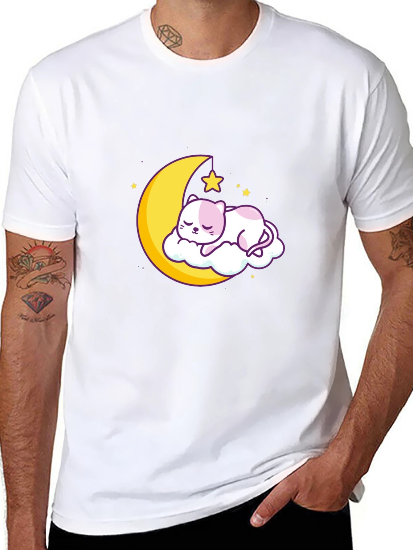 Cute Moon Cat Graphic Tee - Black Cotton T-Shirt