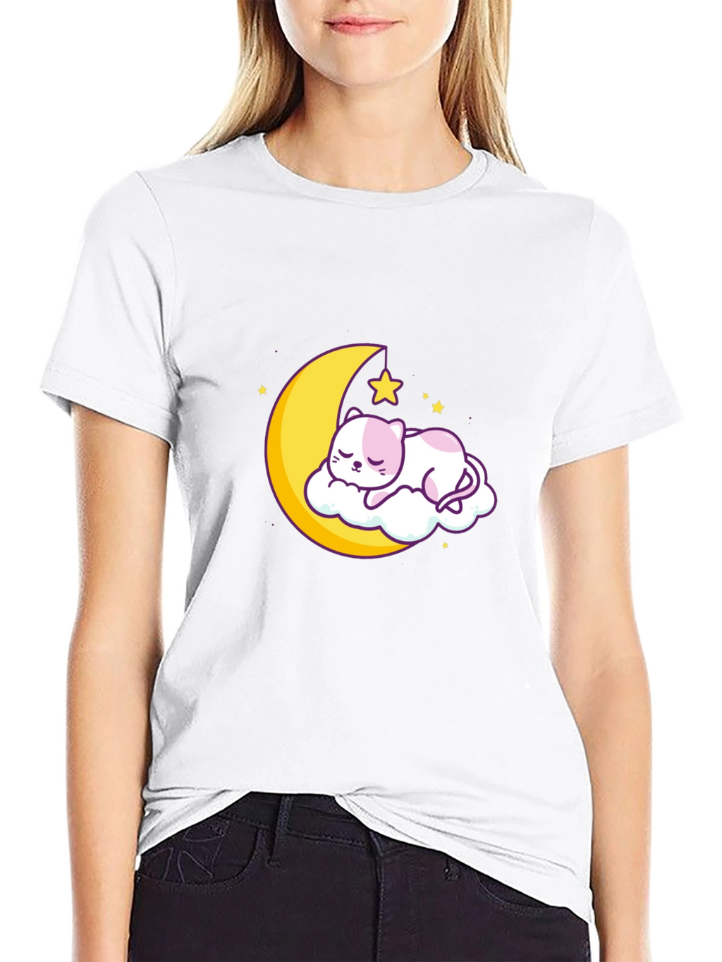Cute Moon Cat Graphic Tee - Black Cotton T-Shirt
