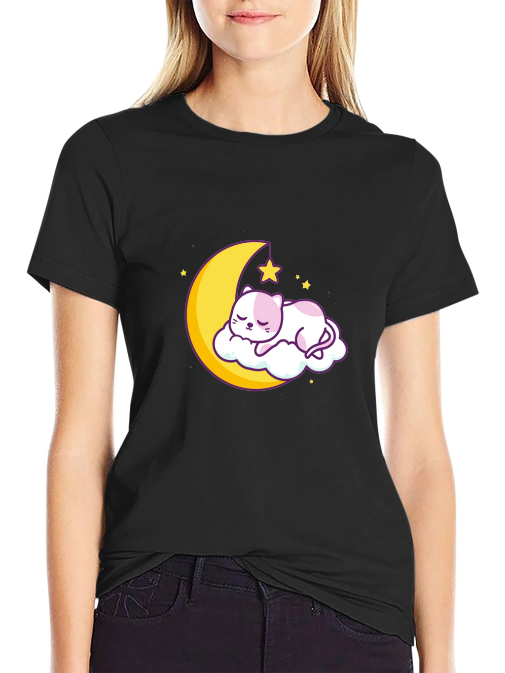 Cute Moon Cat Graphic Tee - Black Cotton T-Shirt