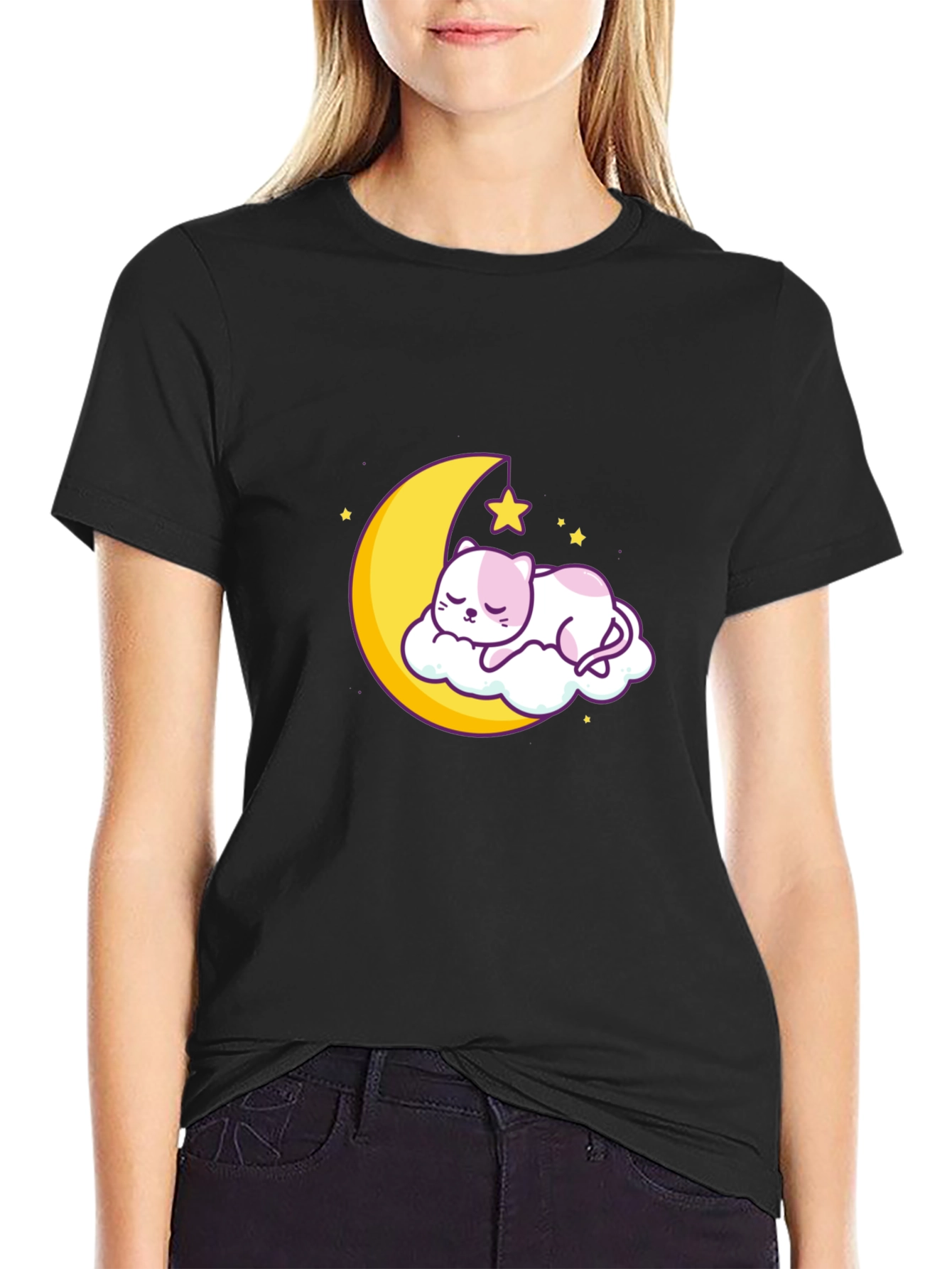 Cute Moon Cat Graphic Tee - Black Cotton T-Shirt