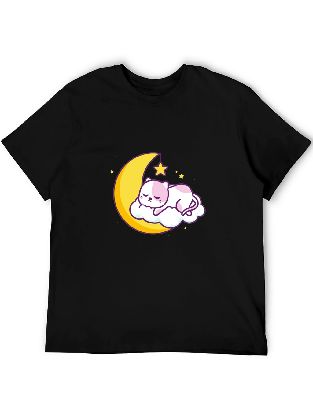 Cute Moon Cat Graphic Tee - Black Cotton T-Shirt