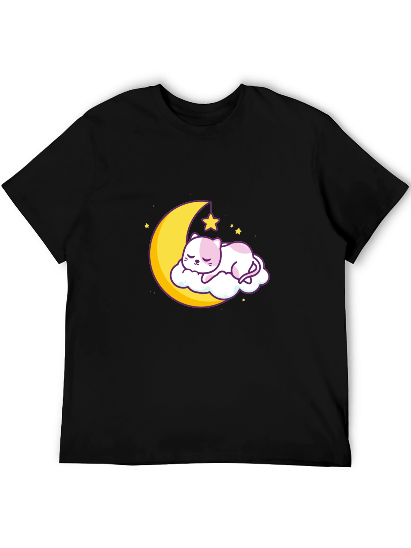 Cute Moon Cat Graphic Tee - Black Cotton T-Shirt