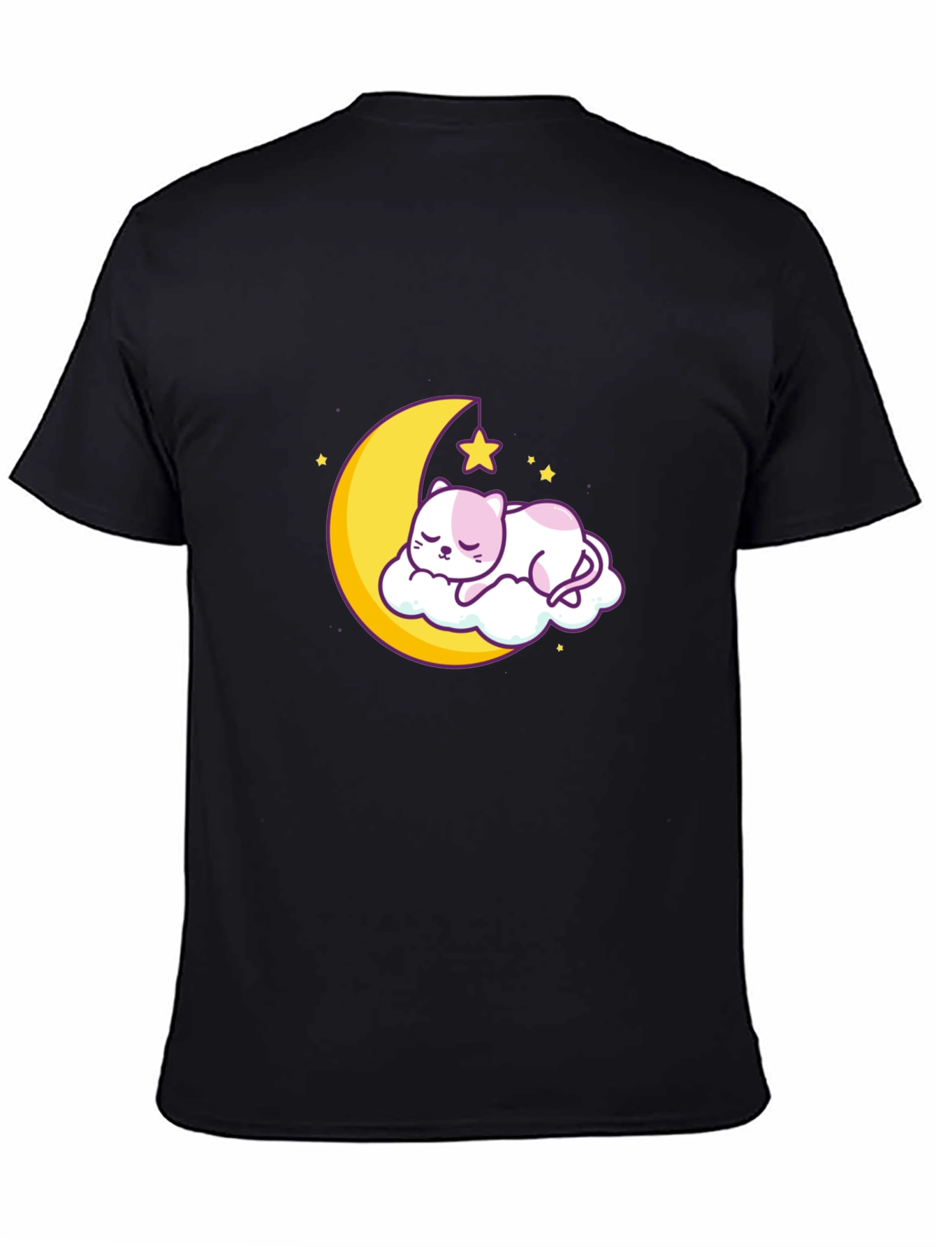 Cute Moon Cat Graphic Tee - Black Cotton T-Shirt