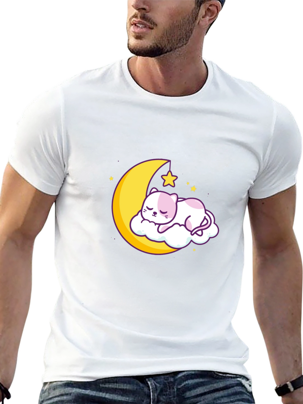 Cute Moon Cat Graphic Tee - Black Cotton T-Shirt