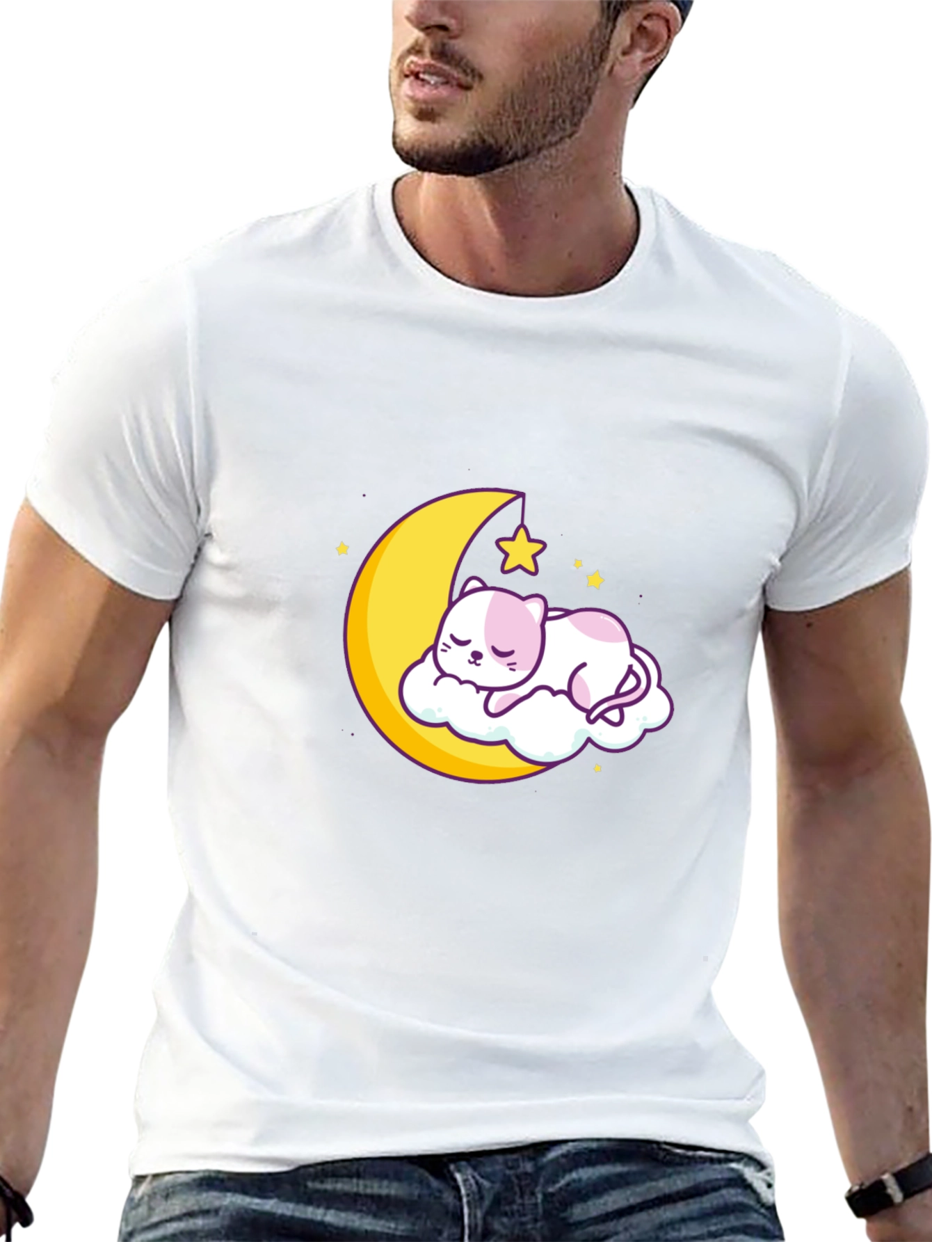 Cute Moon Cat Graphic Tee - Black Cotton T-Shirt