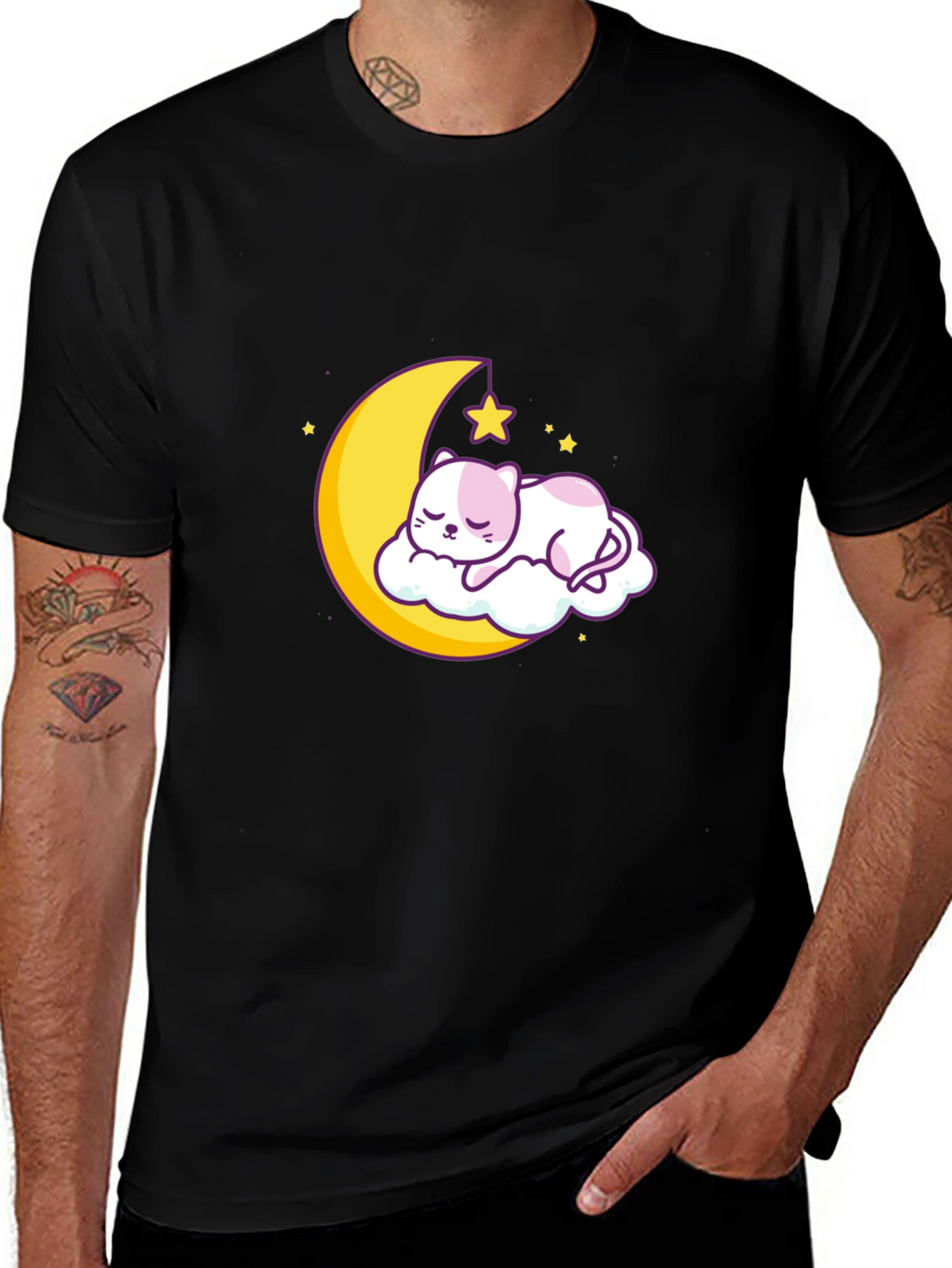 Cute Moon Cat Graphic Tee - Black Cotton T-Shirt