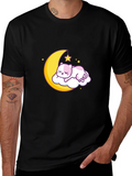 Cute Moon Cat Graphic Tee - Black Cotton T-Shirt