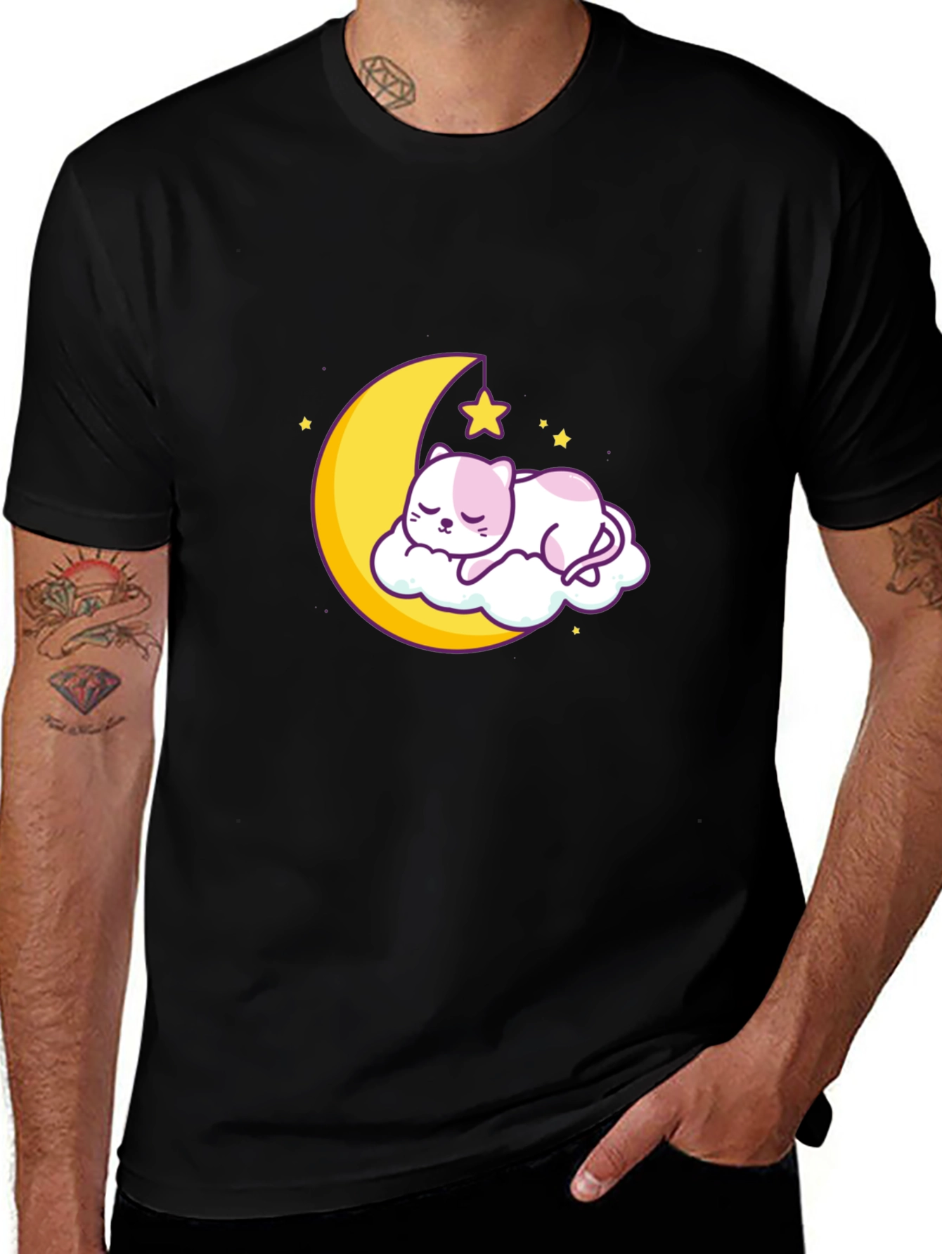 Cute Moon Cat Graphic Tee - Black Cotton T-Shirt