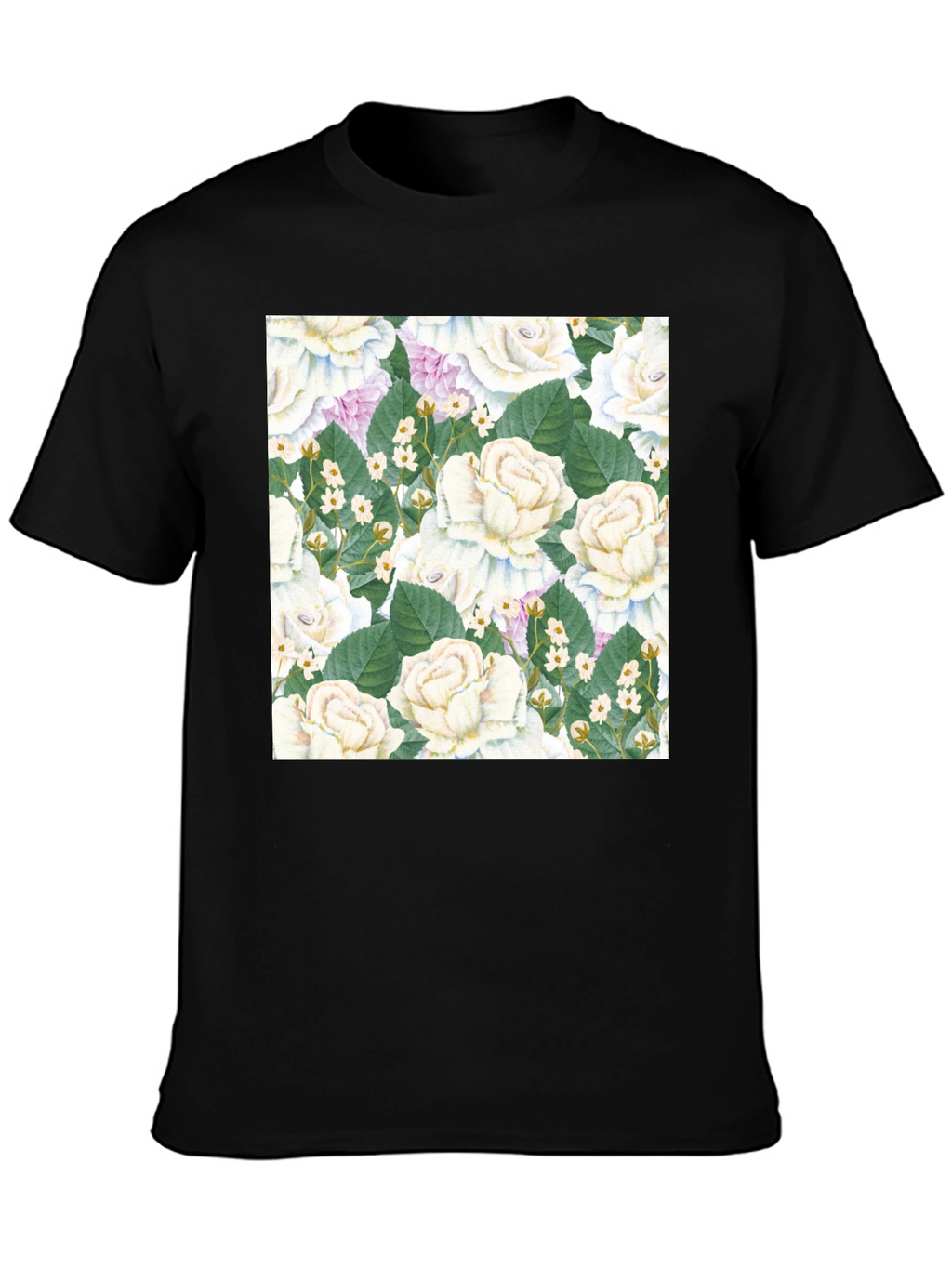 Floral Rose Pattern Black T-Shirt