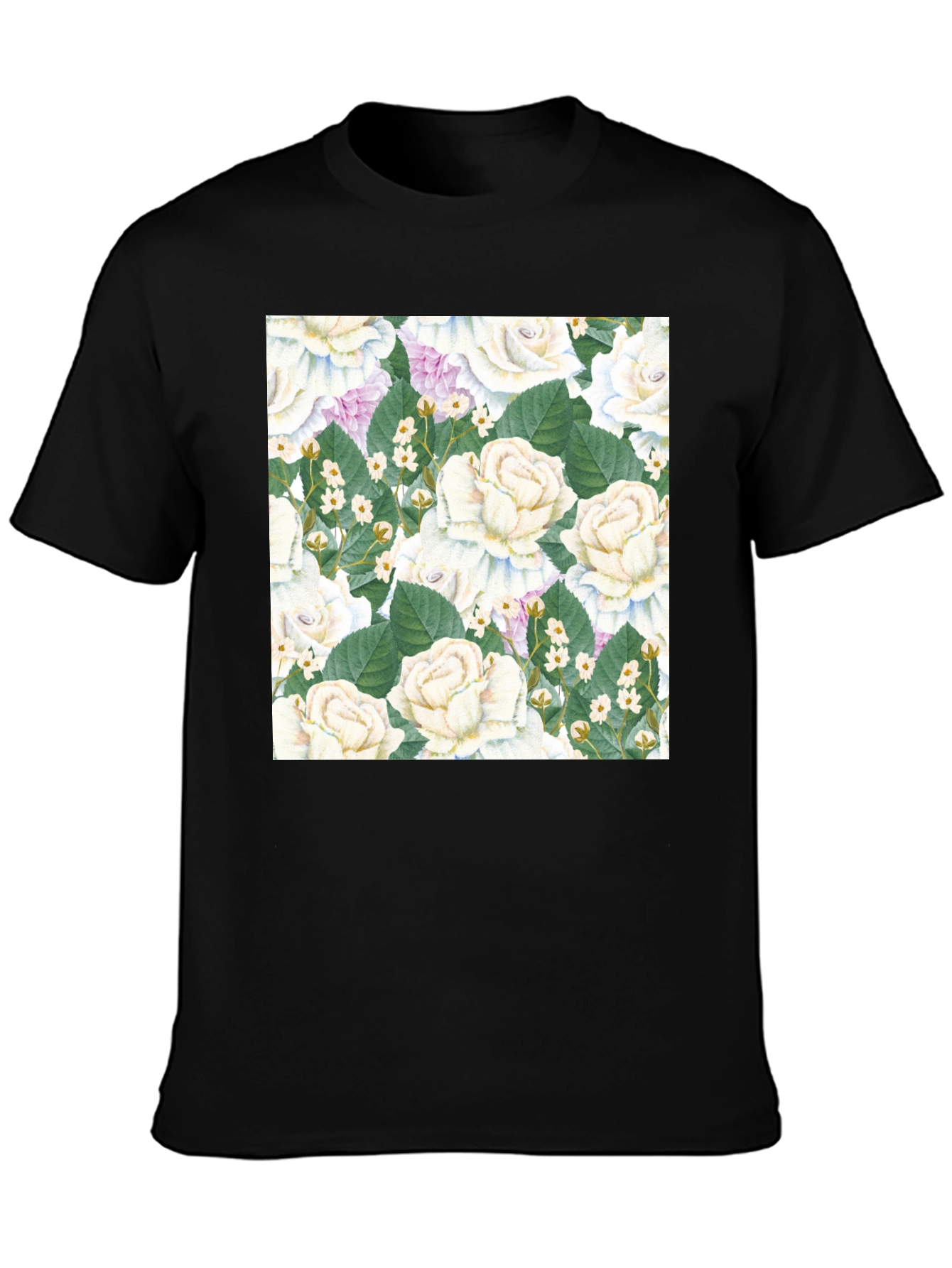 Floral Rose Pattern Black T-Shirt