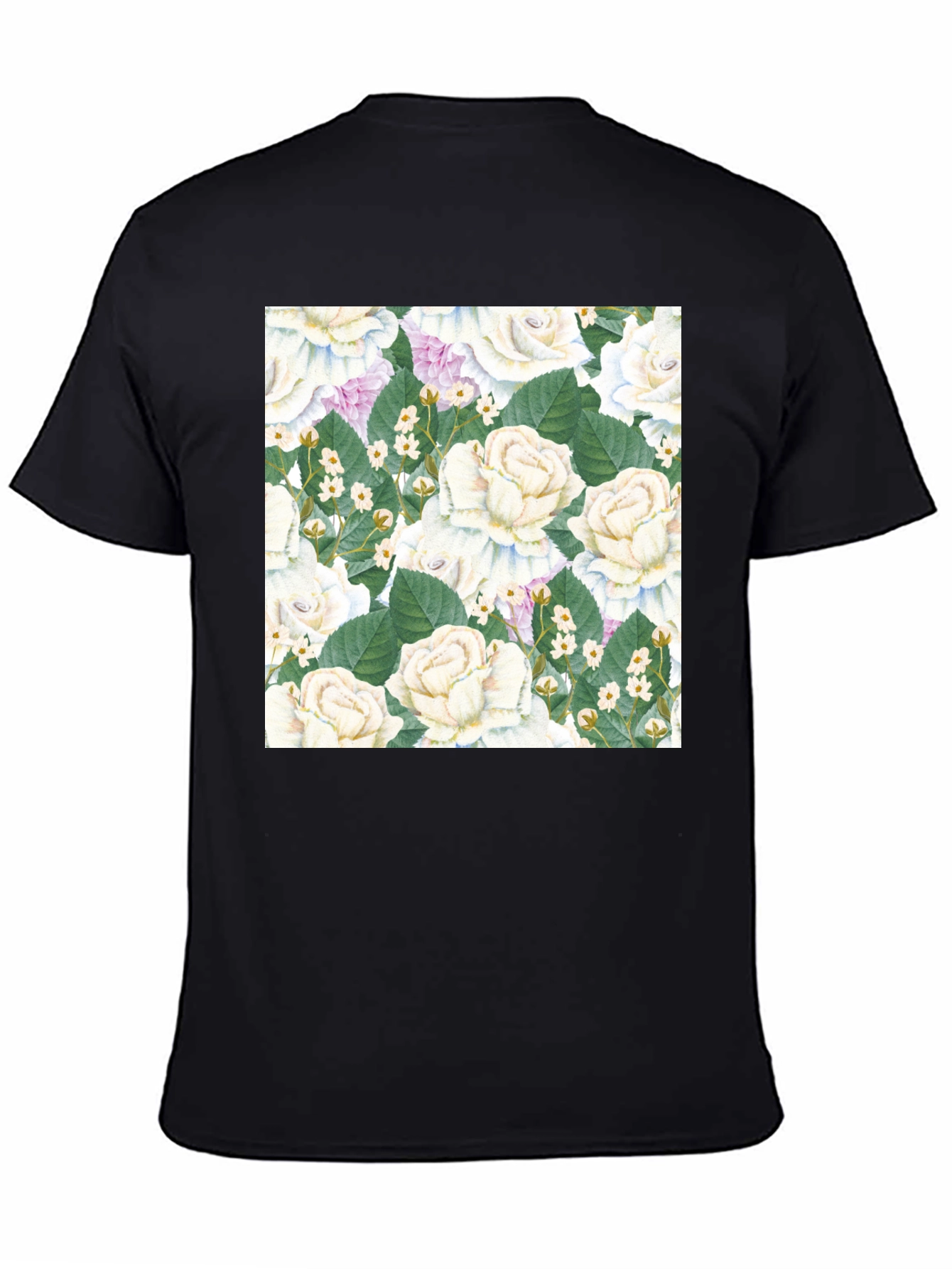 Floral Rose Pattern Black T-Shirt