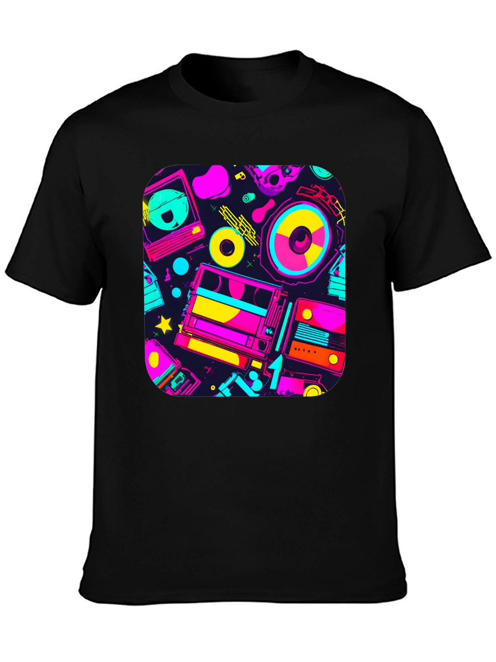 Retro 80s Music Print Black T-Shirt