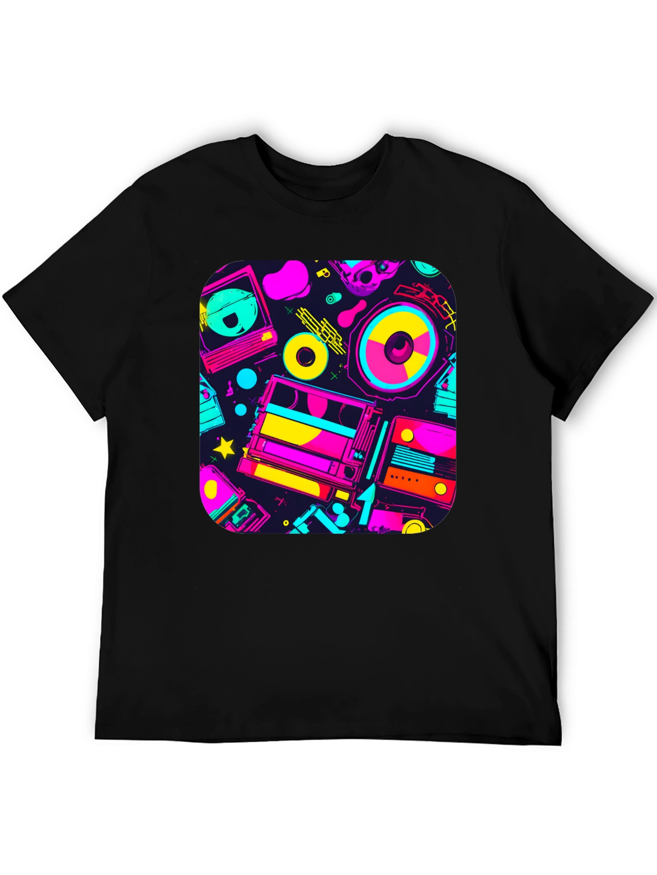 Retro 80s Music Print Black T-Shirt