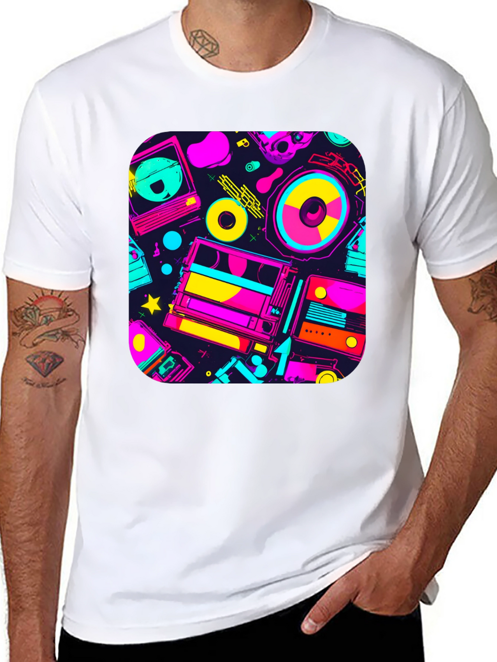 Retro 80s Music Print Black T-Shirt