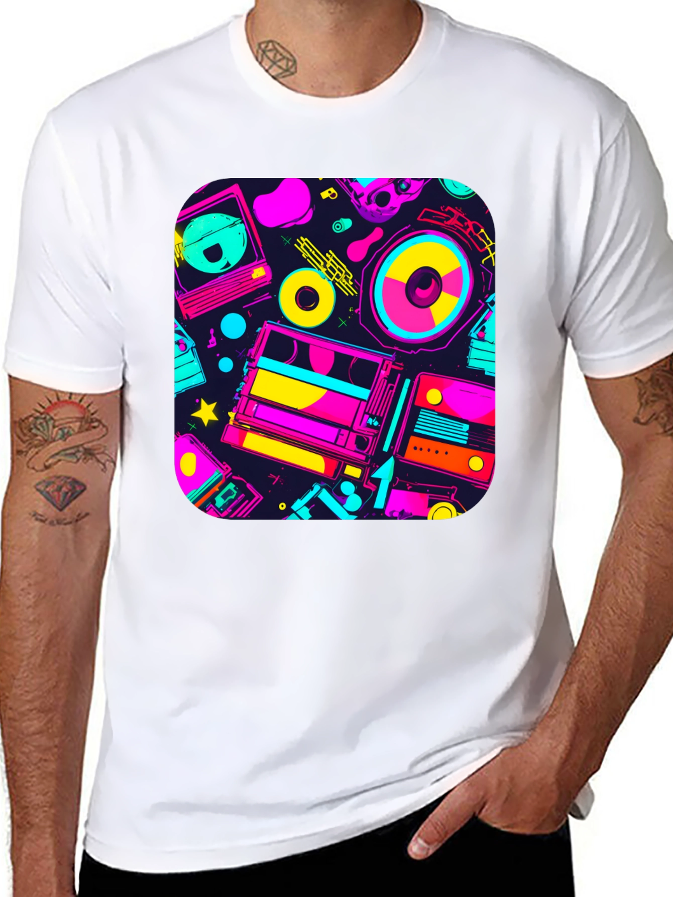 Retro 80s Music Print Black T-Shirt