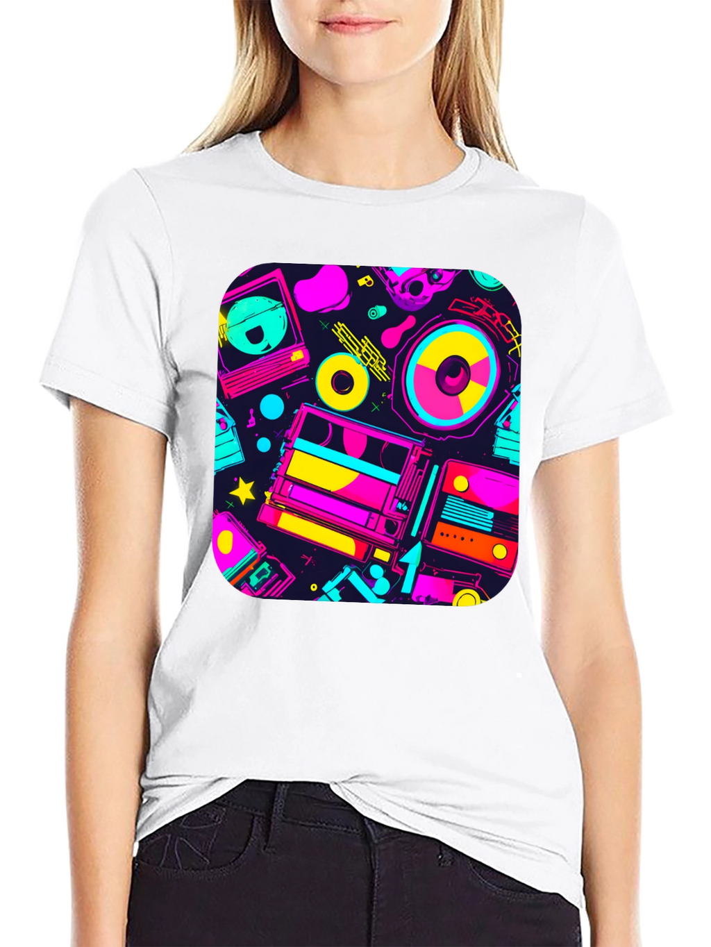 Retro 80s Music Print Black T-Shirt